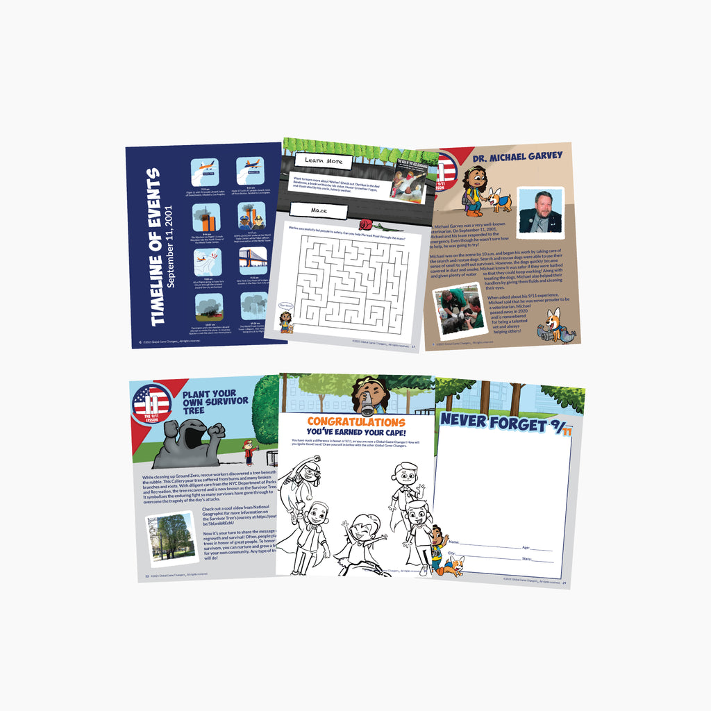 The 9/11 Lesson activity book pages a white background