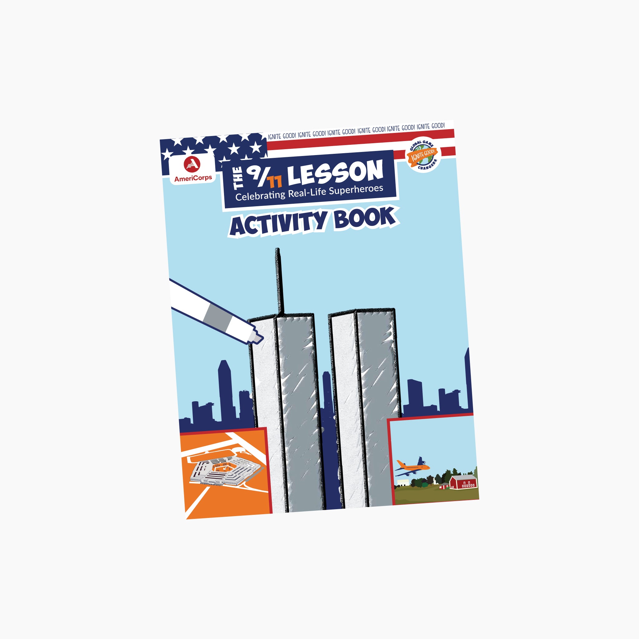 The 9/11 Lesson Activity book cover with superhero theme on a white background