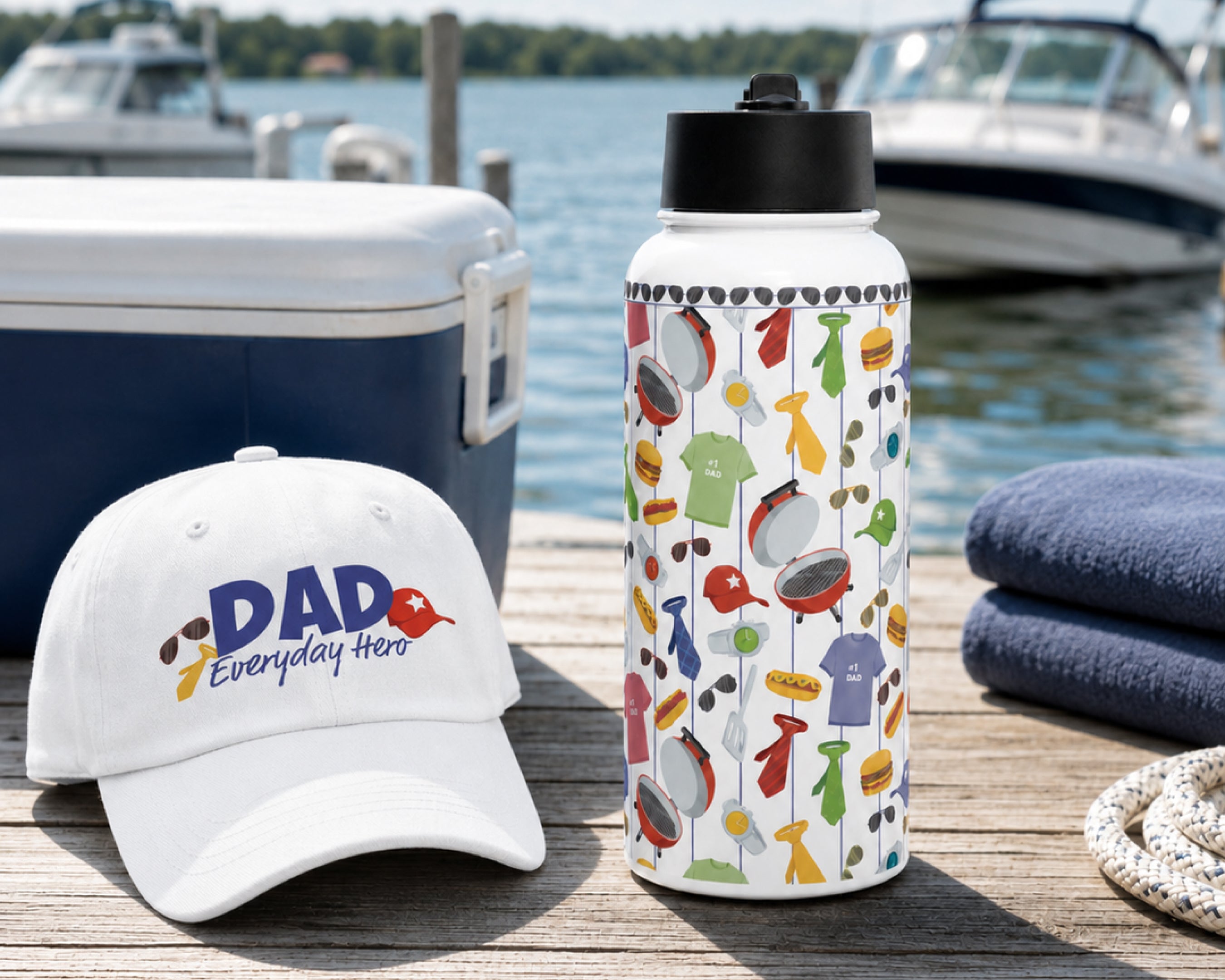 White cap with 'DAD Everyday Hero' text, colorful dad-themed water bottle, and folded towel on a dock by water.