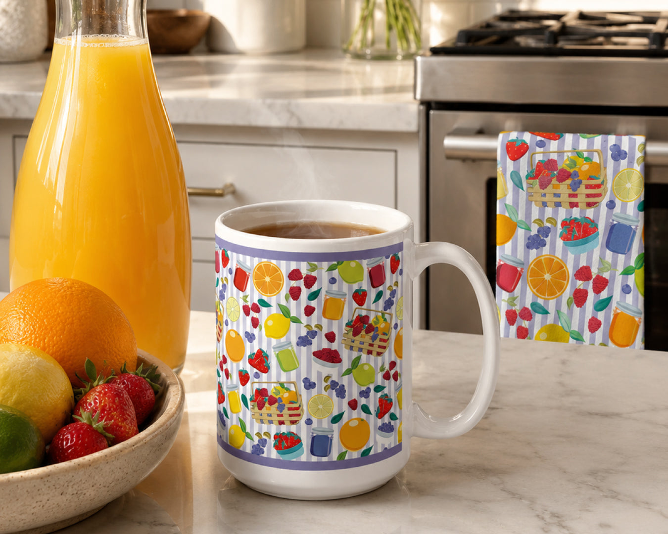 Kitchen counter with a Summer Fruit custom printed mug, fruit bowl, and Summer Fruit custom printed towel.