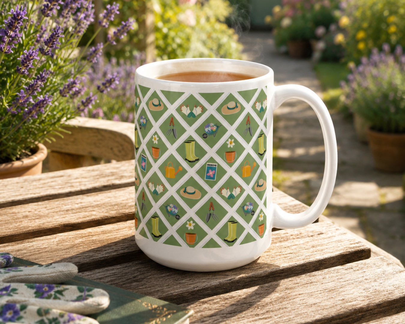 White mug with latice fence garden pattern on a wooden table outdoors with plants in the background