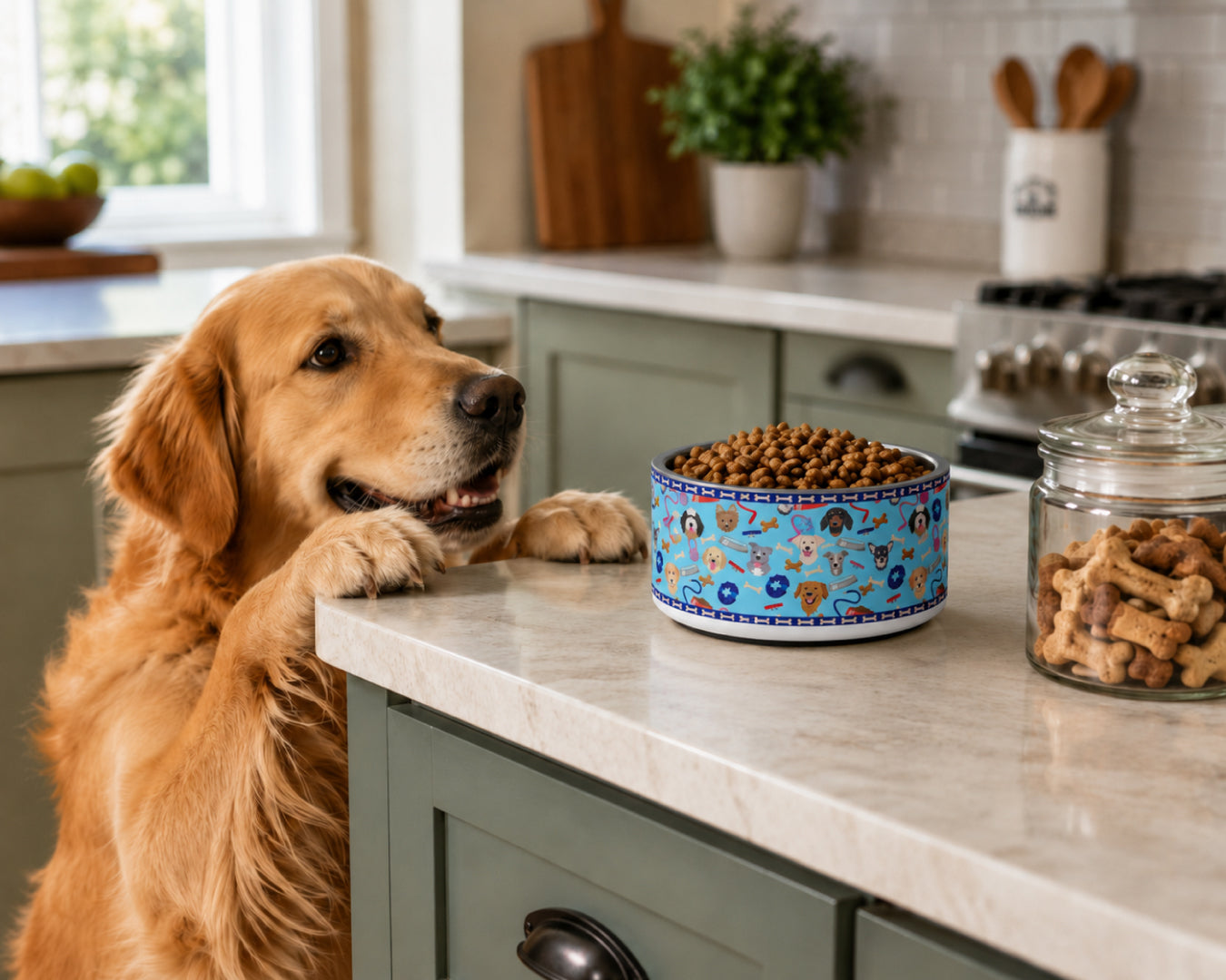 Dog food bowl with a pattern of multiple cartoon dogs on a blue background