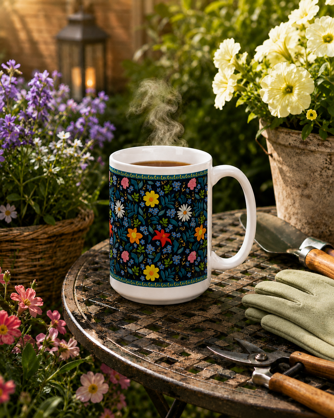 Custom printed Blue Floral-patterned mug on a garden table with flowers and gardening tools in the background