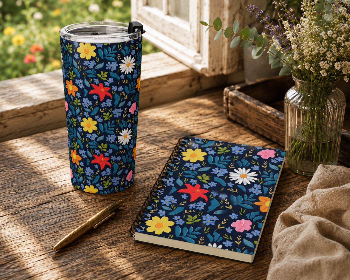 Floral-patterned tumbler and notebook on a wooden surface with a natural background