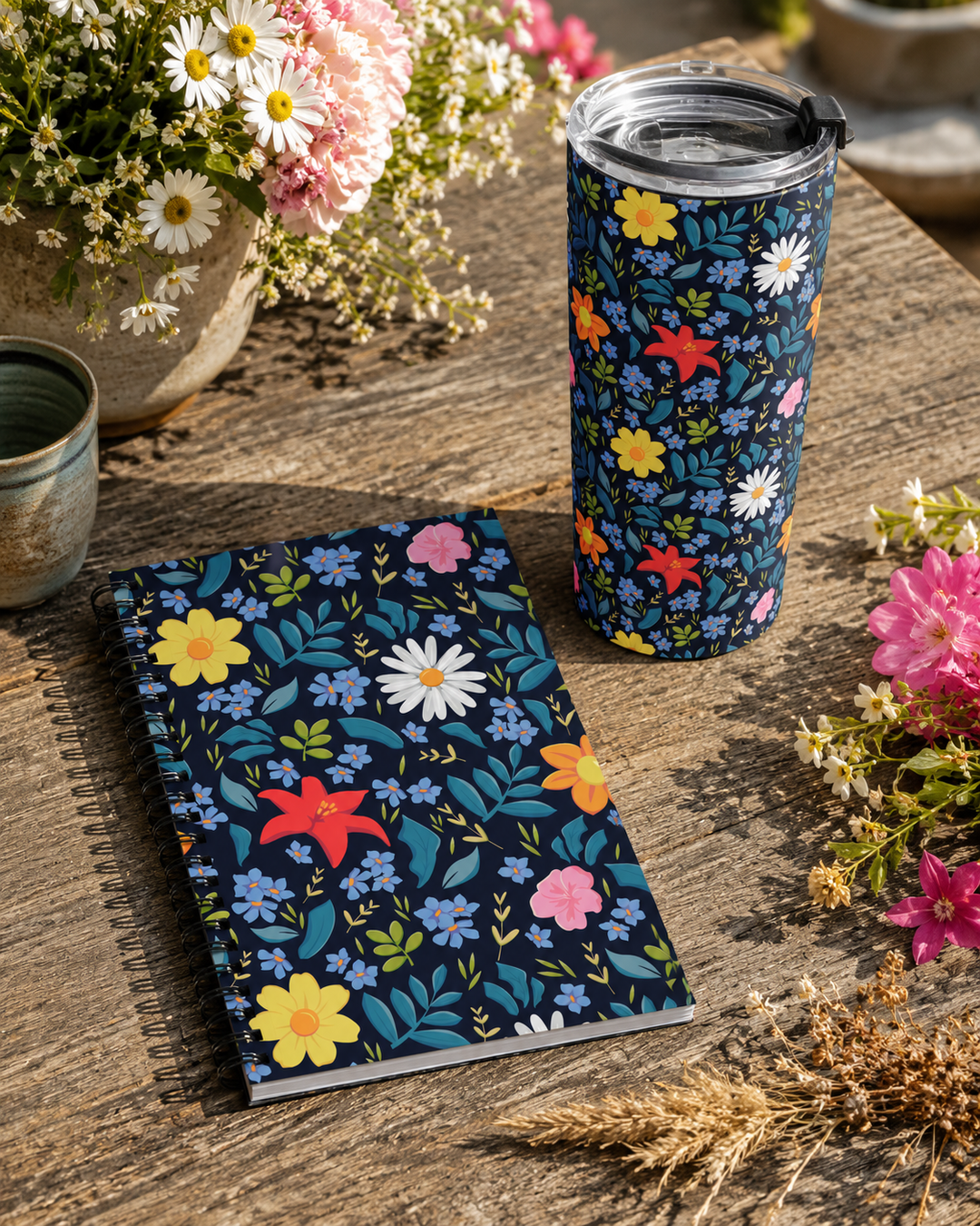 Custom printed Blue Floral-patterned tumbler and notebook on a wooden surface with flowers around