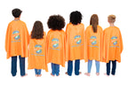 Children wearing orange superhero capes with Global Game Changers logo on a white background