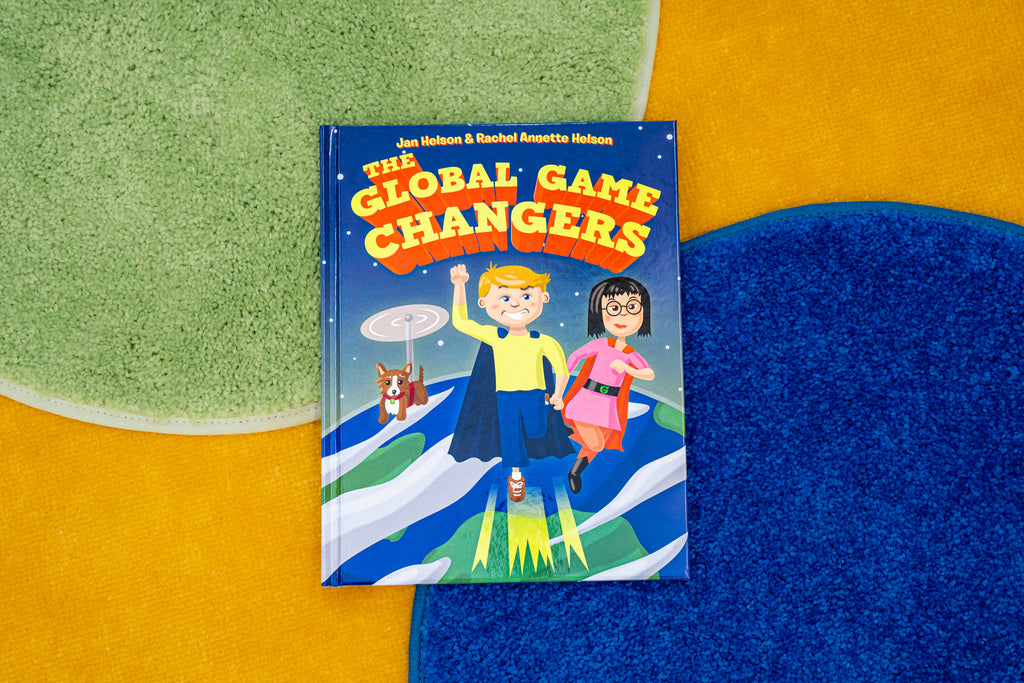 Children's book titled 'The Global Game Changers' on a colorful background