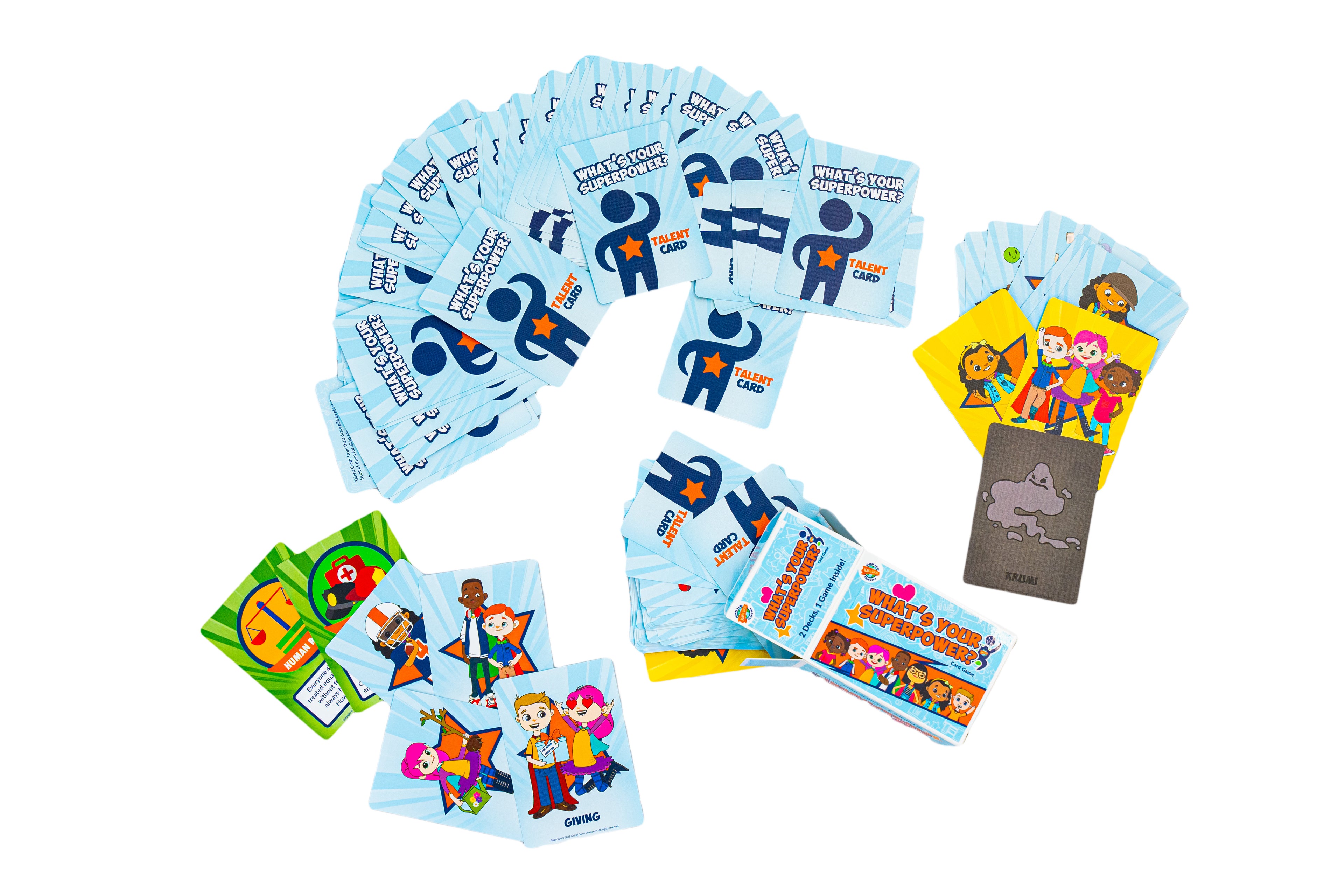 Collection of cards from the What's Your Superpower? card game on a white background