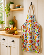 Colorful apron with summer fruit pattern hanging on a kitchen wall