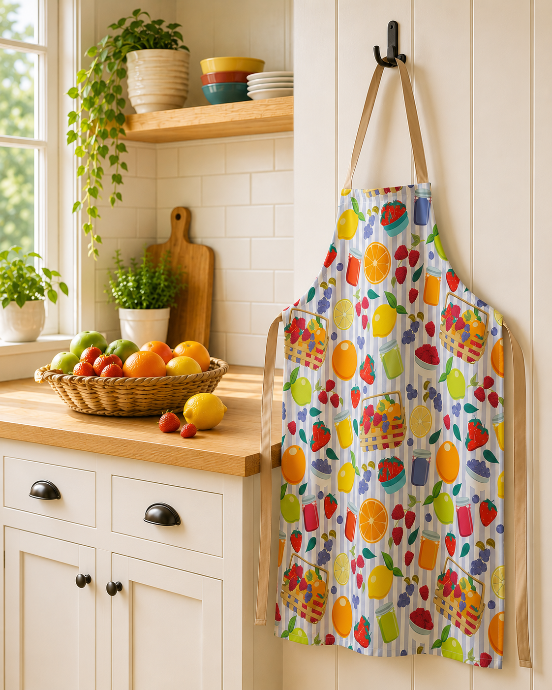 Colorful apron with summer fruit pattern hanging on a kitchen wall
