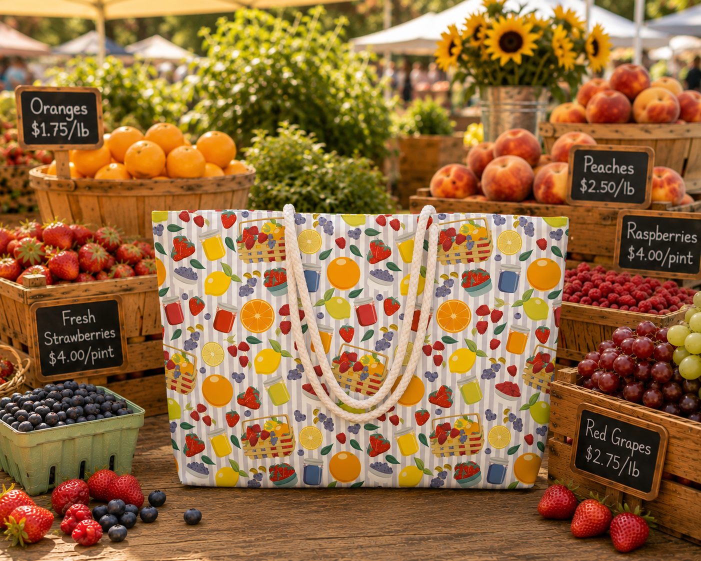 Brightly colored tote bag with a summer fruit pattern on a table at a farmers market