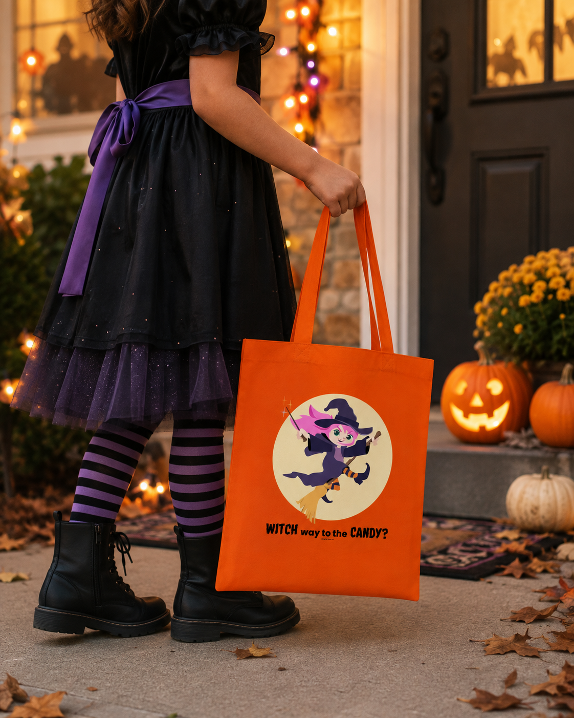 A child wearing a black and purple Halloween dress holds an orange tote bag with a witch riding a broomstick graphic and the text 'WITCH way to the CANDY?'. The scene is set outdoors in front of a decorated house with pumpkins, mums, and warm string lights.