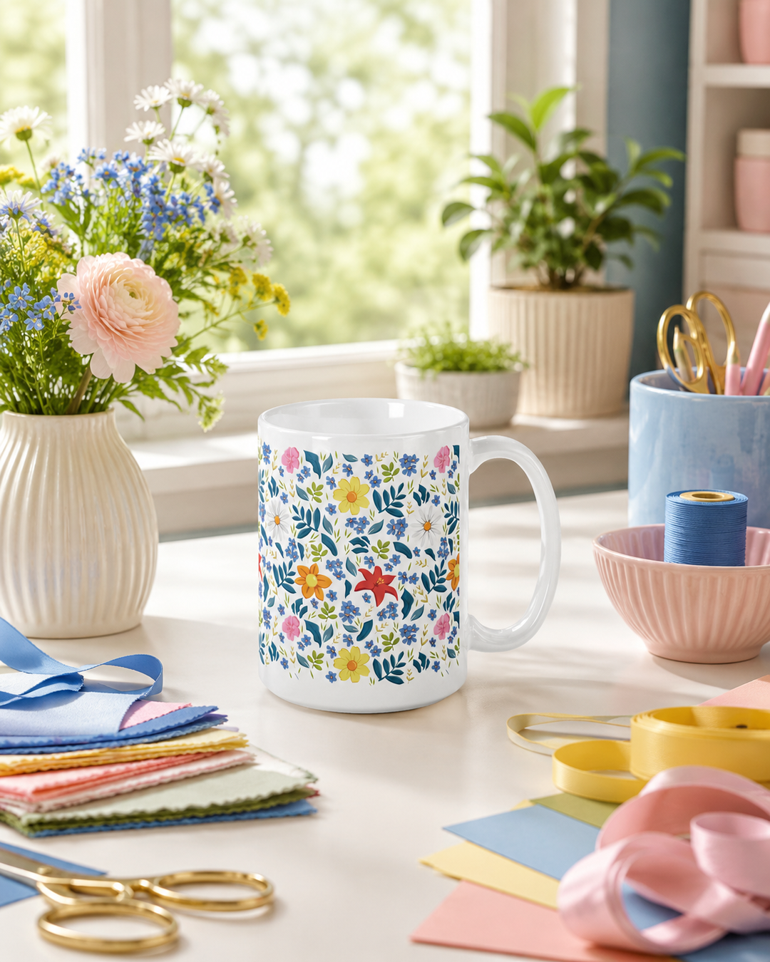 Colorful mug with custom printed white floral pattern on a desk with stationery items