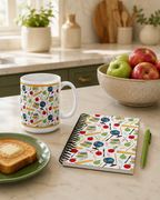 Custom printed teacher-themed mug and matching notebook on a kitchen counter with a plate of toast and a bowl of apples in the background.