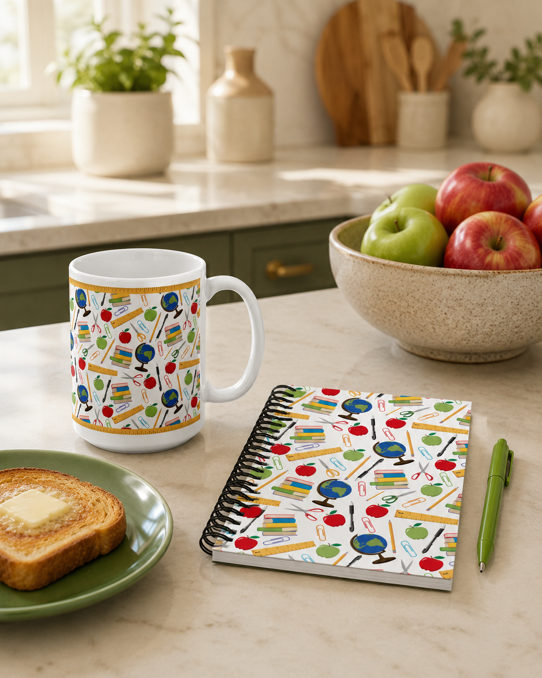 Custom printed teacher-themed mug and matching notebook on a kitchen counter with a plate of toast and a bowl of apples in the background.