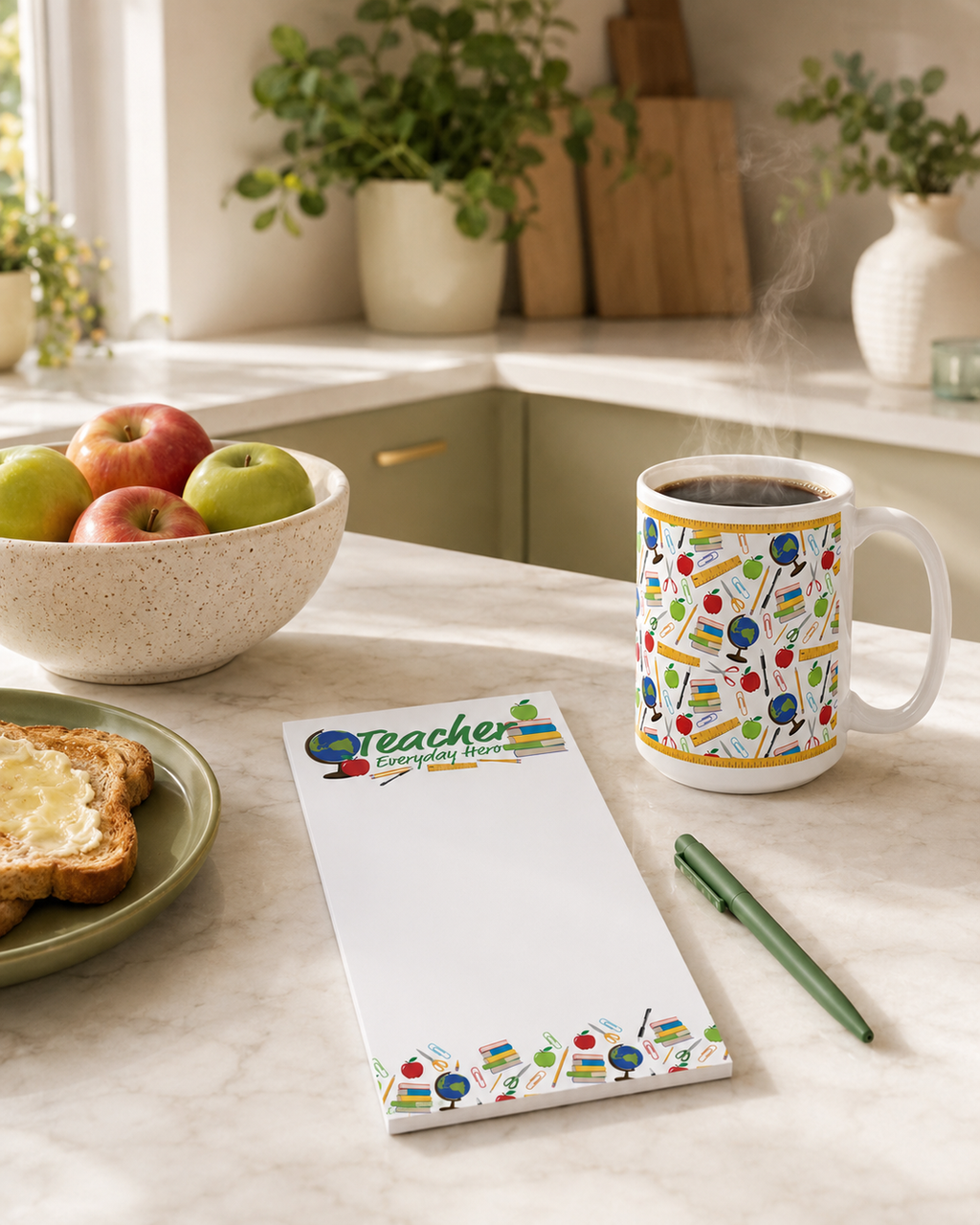 Colorful mug with a teacher-themed design on a kitchen counter with a matching notepad.