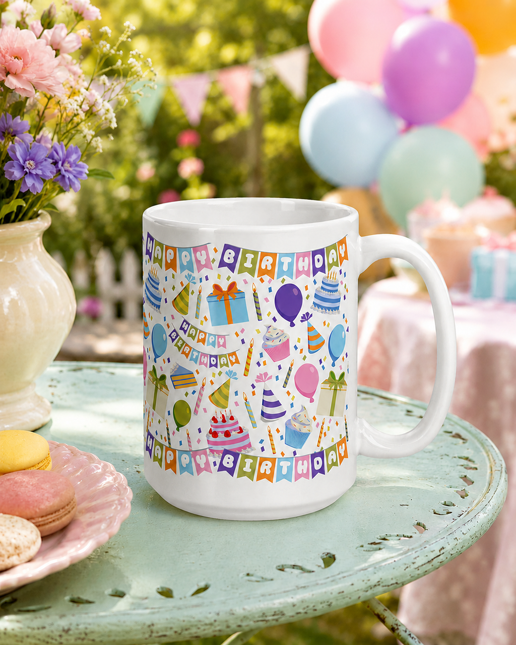 White mug with colorful custom printed birthday-themed design on a table outdoors with balloons and flowers.