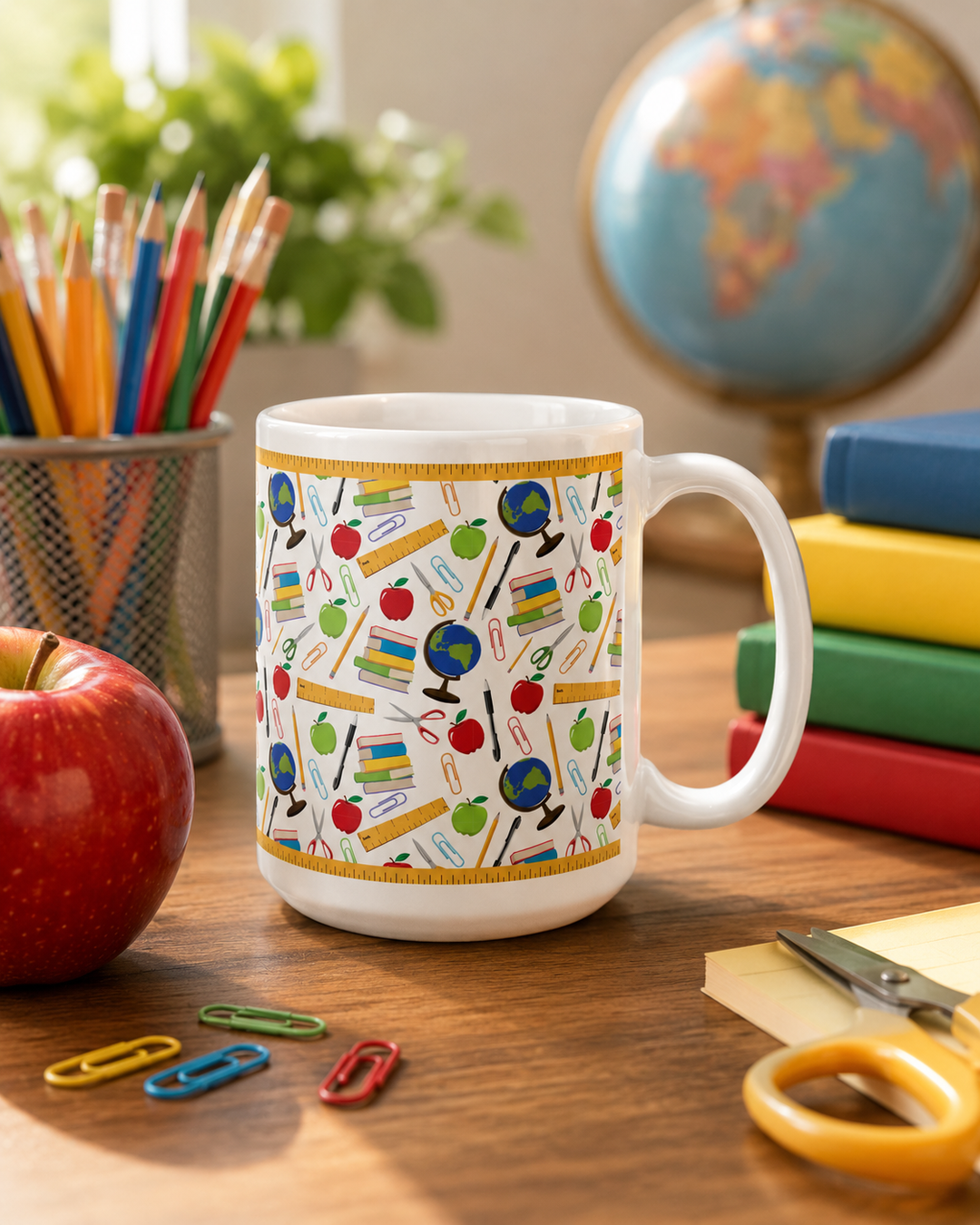 White mug with colorful custom printed teacher-themed design on a desk with stationery items and an apple
