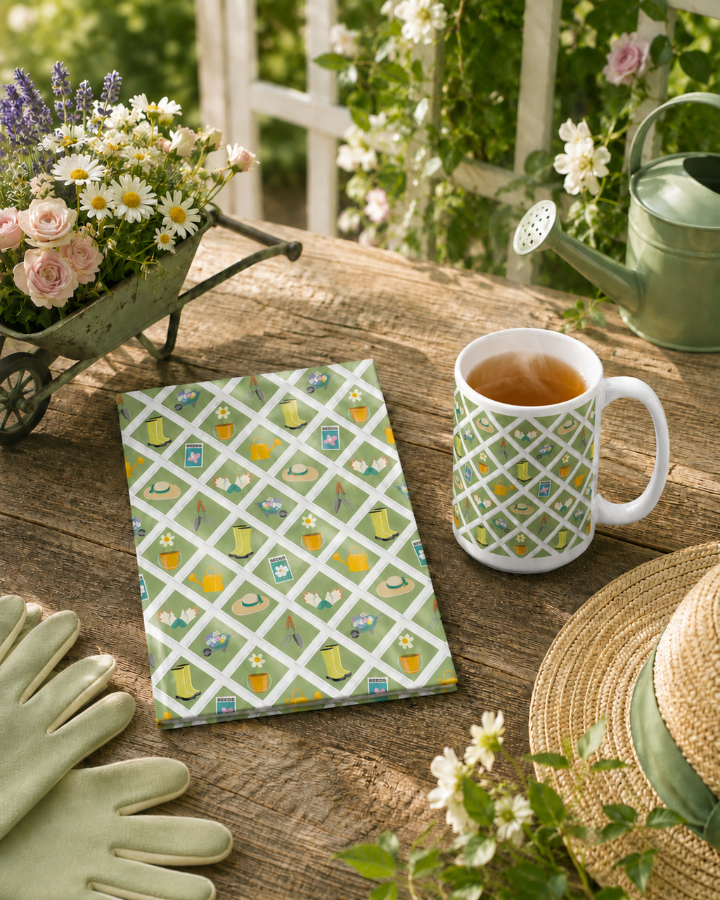 Custom printed mug and notebook with Garden Lattice Fence design on a garden table with a small wheelbarrow, watering can, sun hat, and gardening gloves