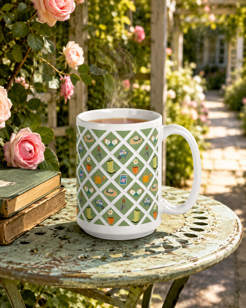 Custom printed mug with Garden Lattice Fence design on a garden table with pink roses and books