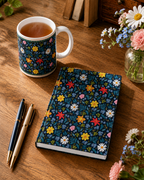 Custom printed blue Floral-patterned mug, and matching notebook, with pens and flowers on a wooden surface.
