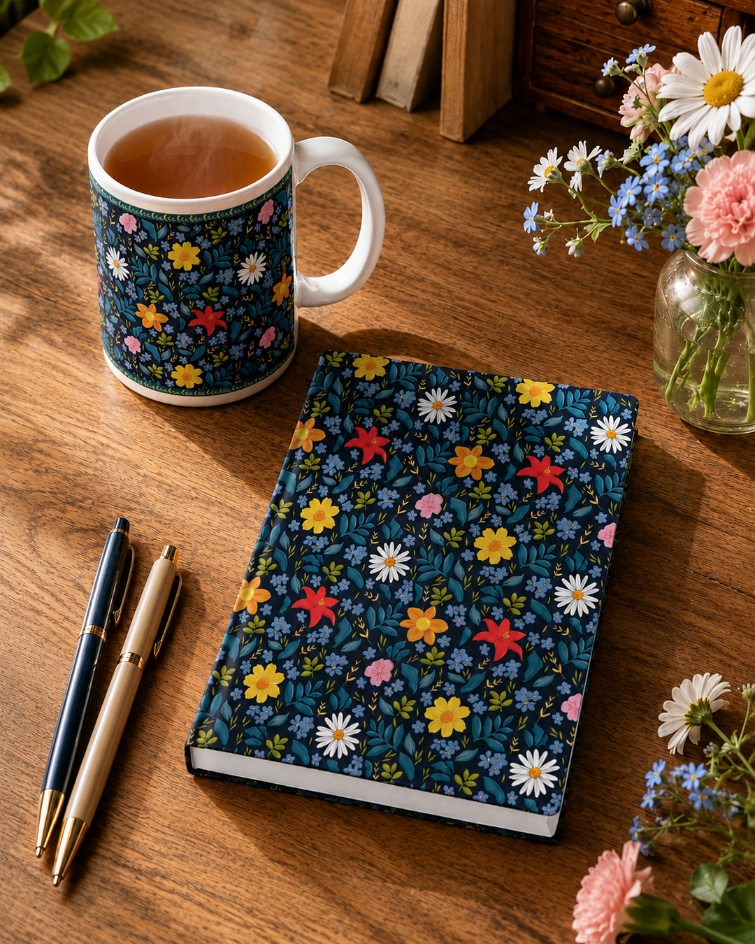 Custom printed blue Floral-patterned mug, and matching notebook, with pens and flowers on a wooden surface.