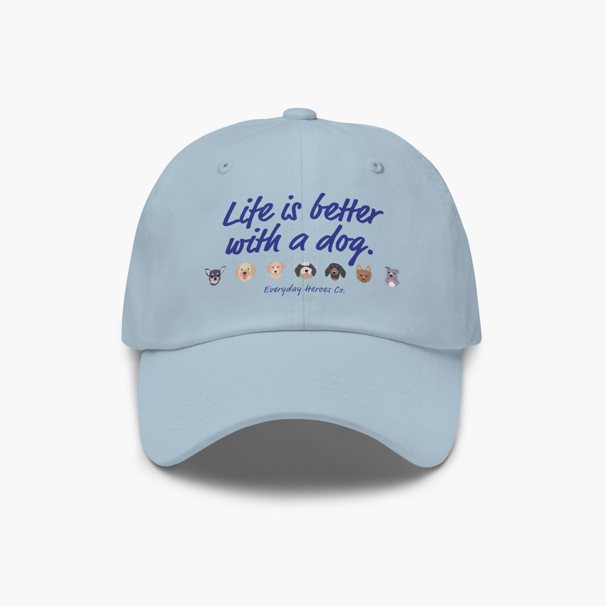 Light Blue cap with 'Life is better with a dog' text and dog icons on a white background