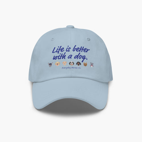 Light Blue cap with 'Life is better with a dog' text and dog icons on a white background