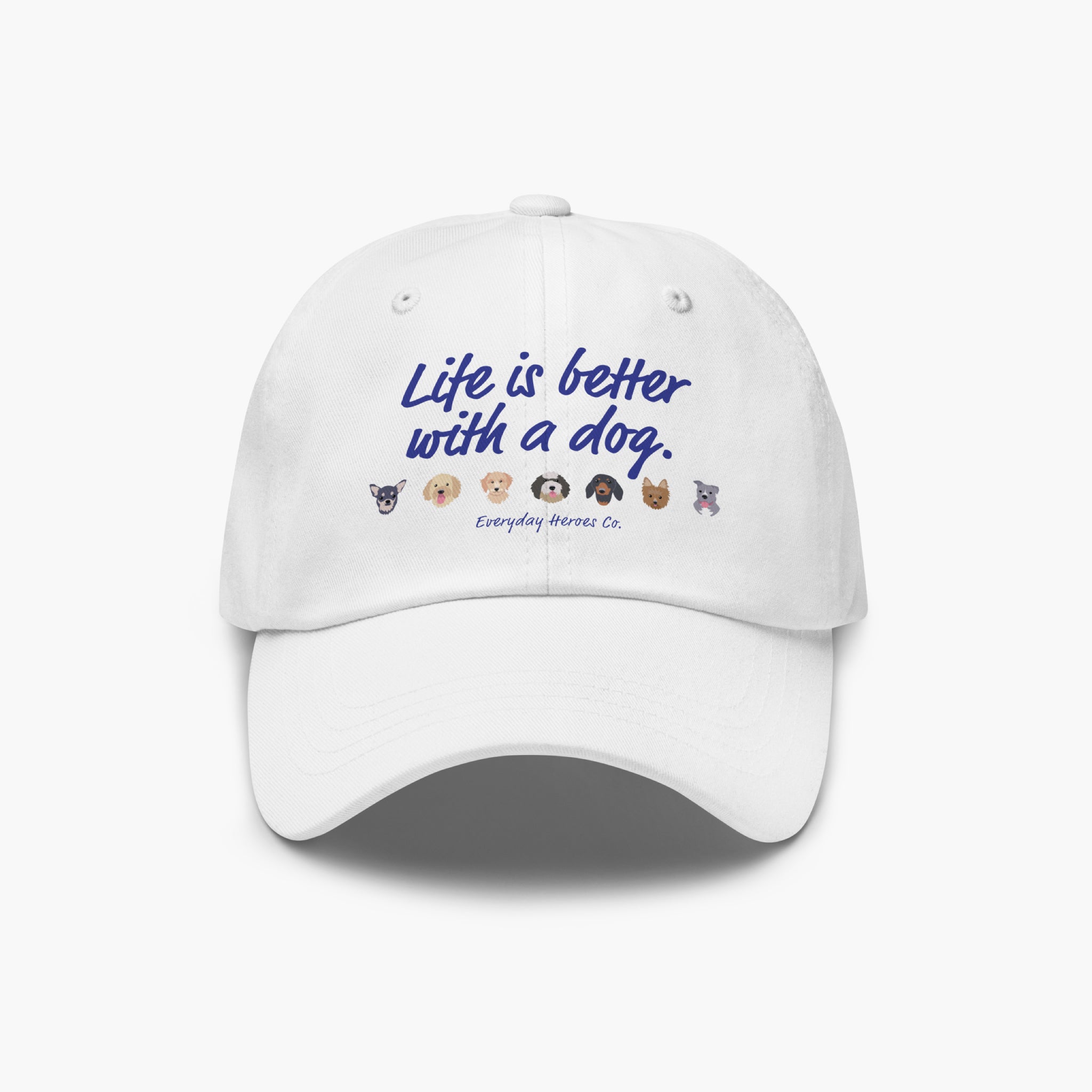 White cap with 'Life is better with a dog' text and dog icons on a white background