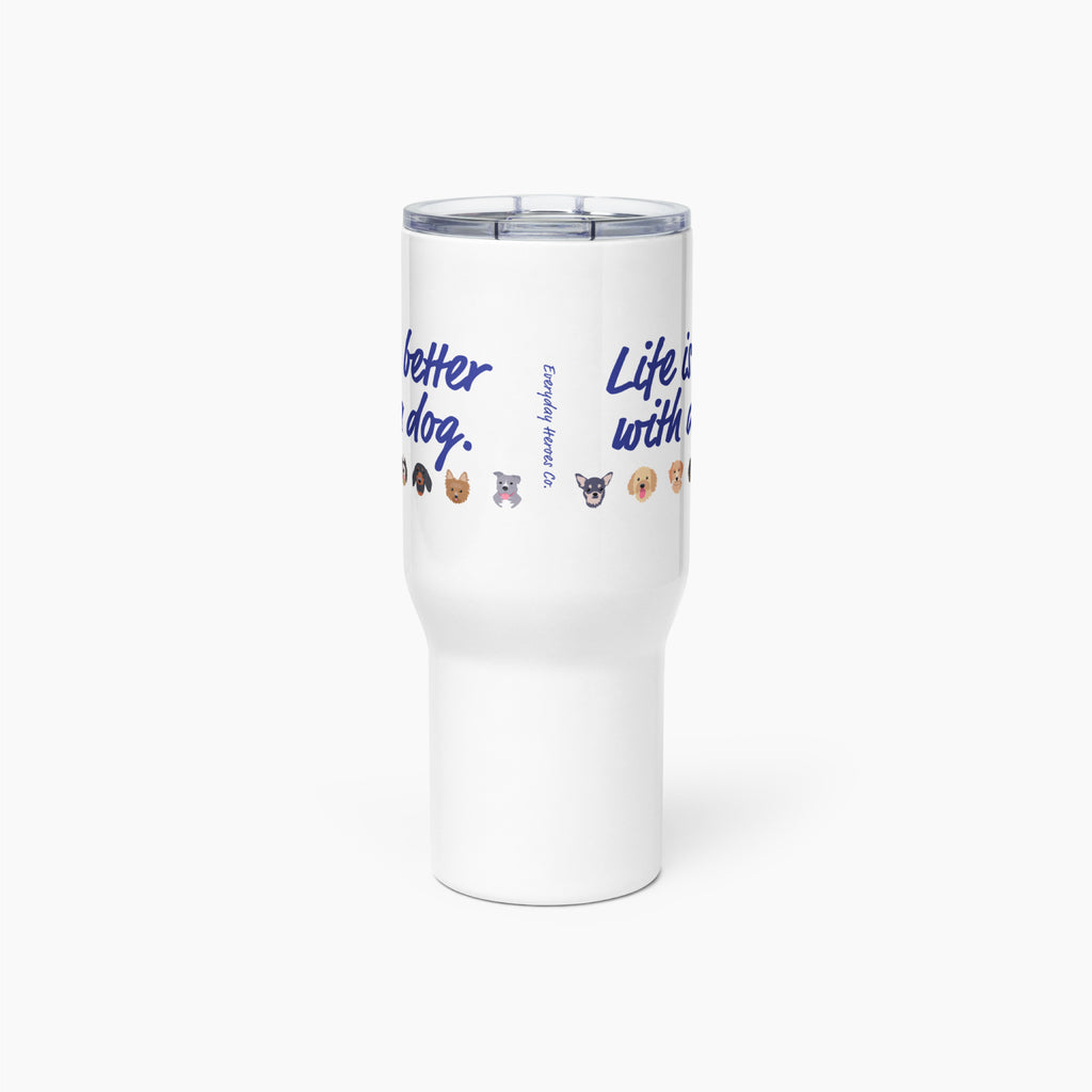 White travel mug with text and pet icons on a white background