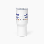 White travel mug with text and pet icons on a white background
