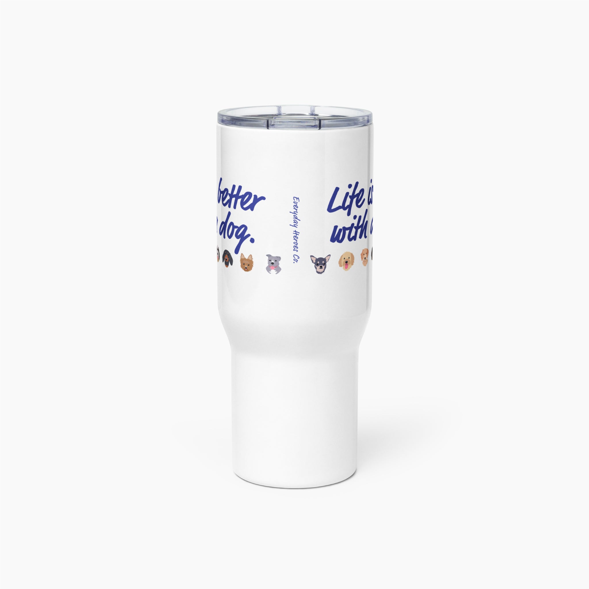White travel mug with text and pet icons on a white background
