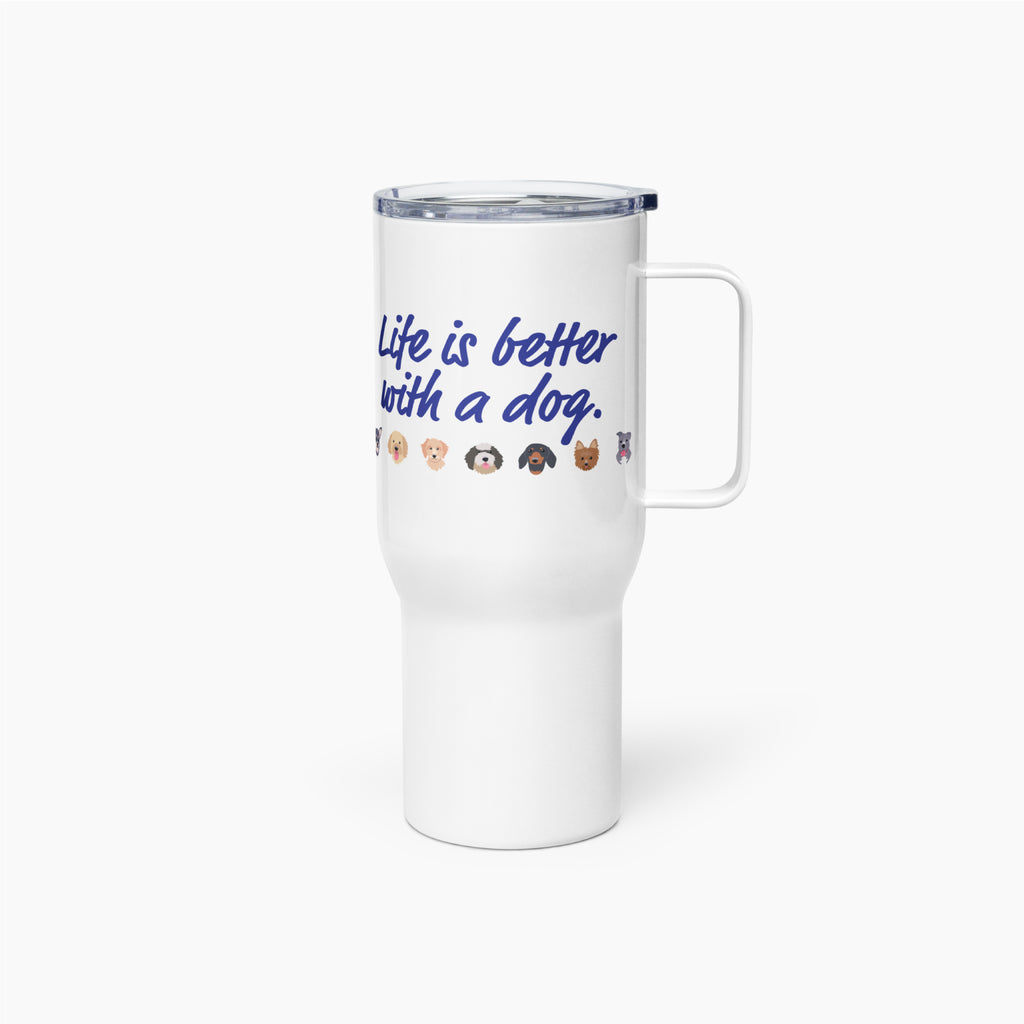 White travel mug with 'Life is better with a dog' text and emoji icons on a white background