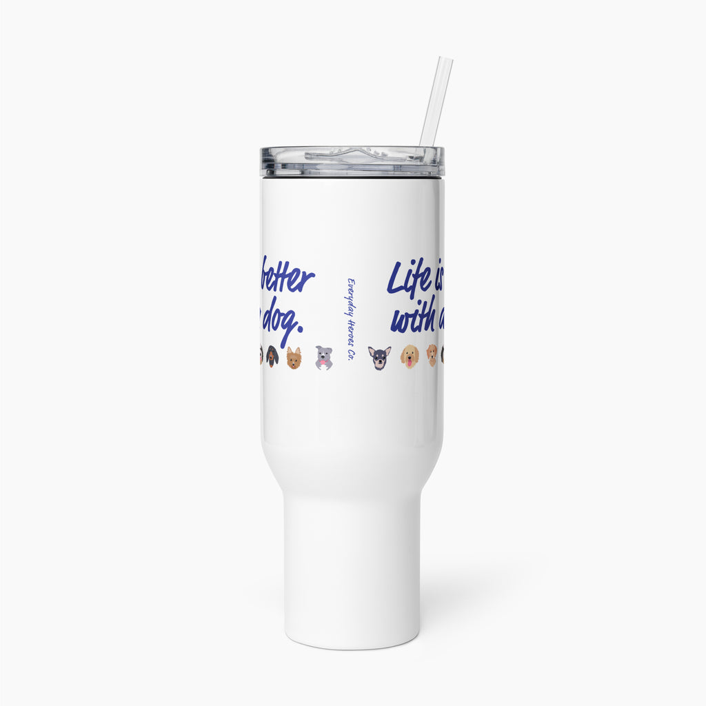 White travel mug with text and animal icons on a white background