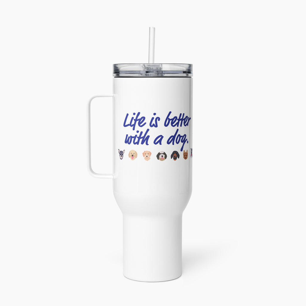 White travel mug with 'Life is better with a dog' text and various dog icons on a white background