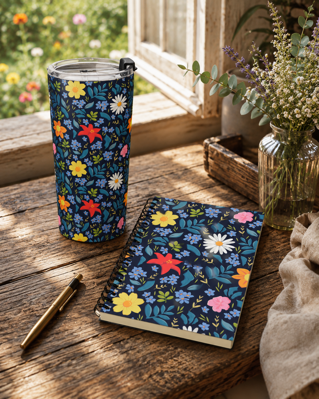Custom printed Blue Floral-patterned tumbler and notebook on a wooden surface with a window and plants in the background.