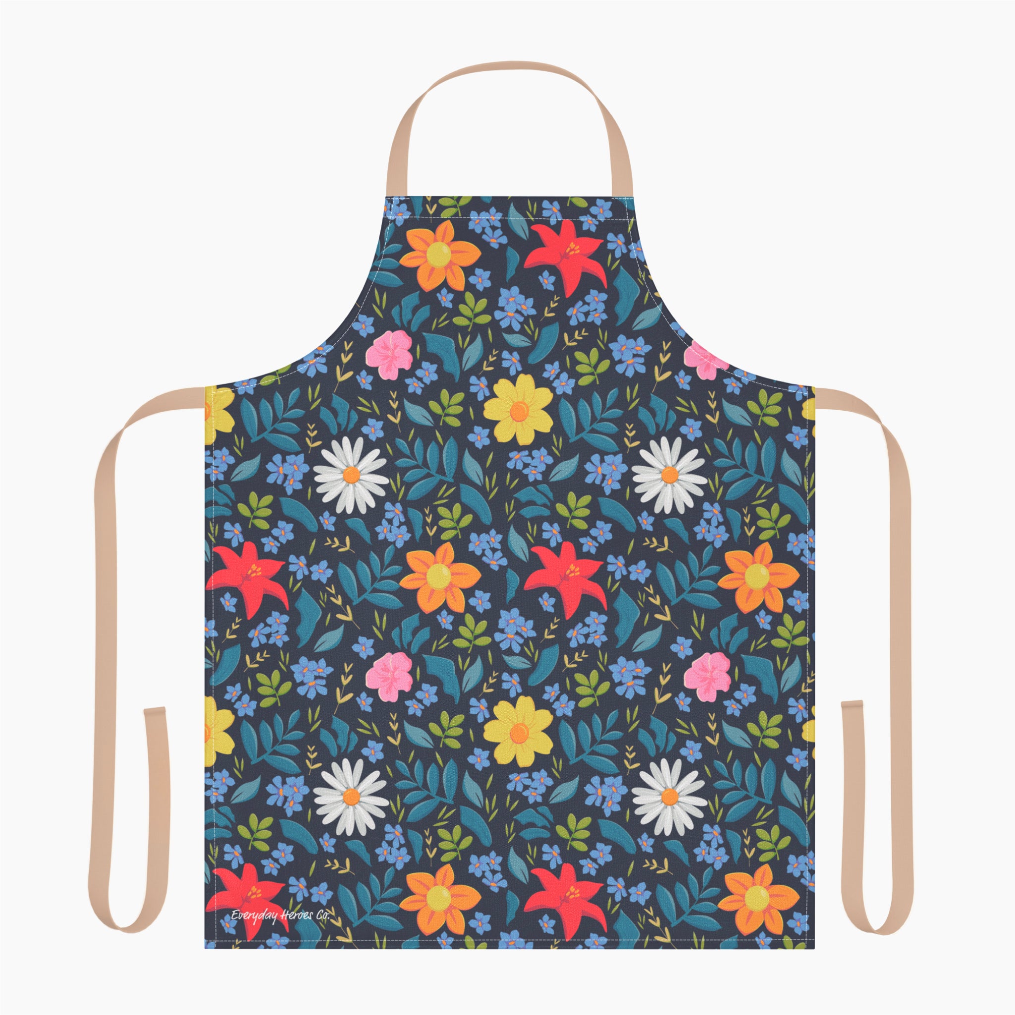 Blue Floral patterned custom printed on an apron with a white background