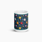 White mug with blue floral pattern on a white background