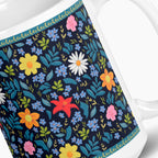 White mug with blue floral pattern on a white background