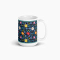 White mug with blue floral pattern on a white background