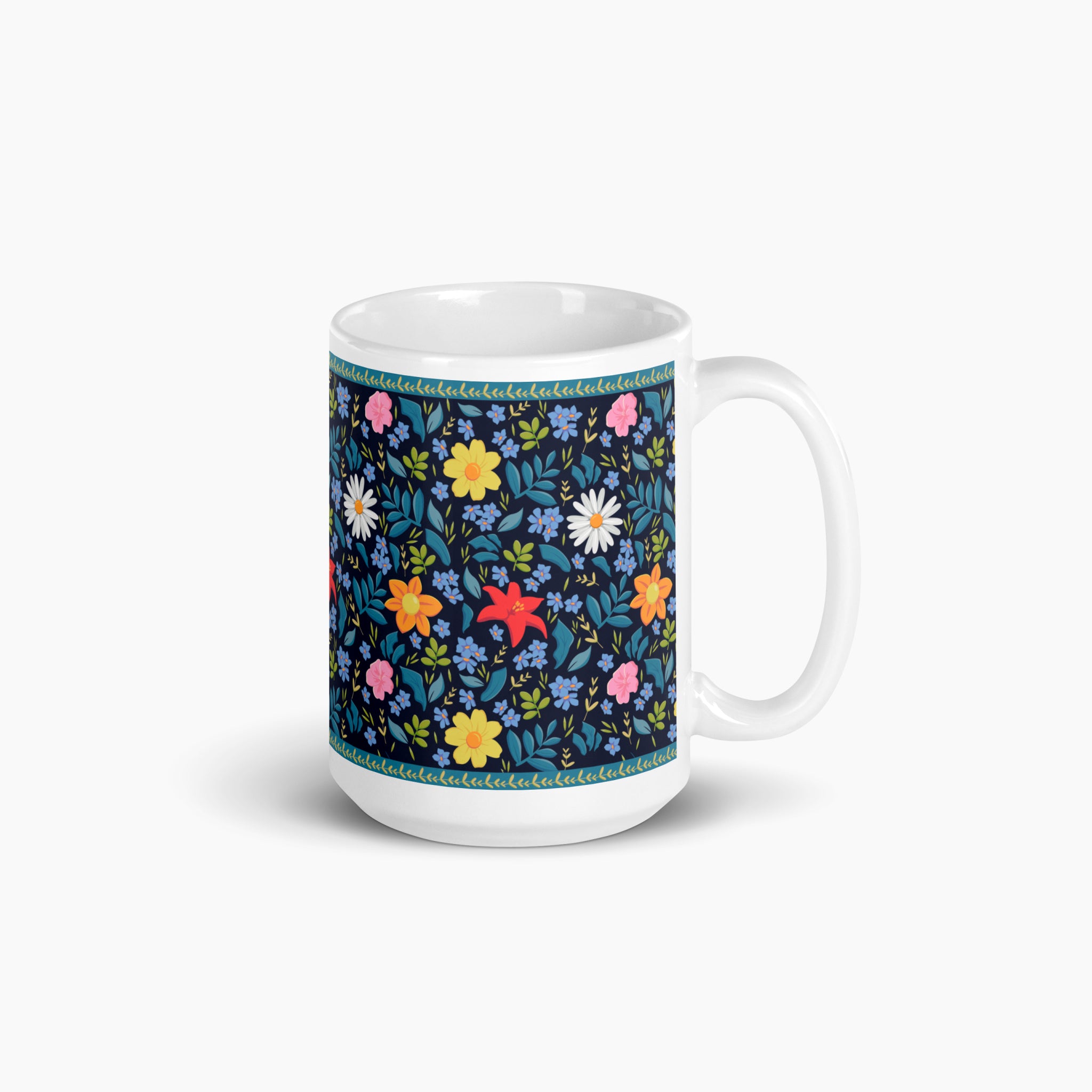 White mug with blue floral pattern on a white background