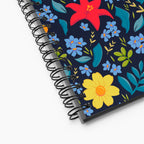 Spiral Notebook exterior closeup with blue floral pattern on a white background