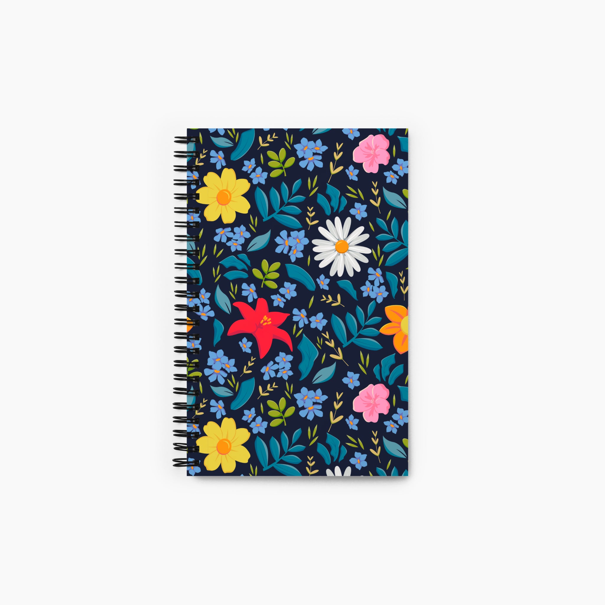 Spiral Notebook with blue floral pattern on a white background