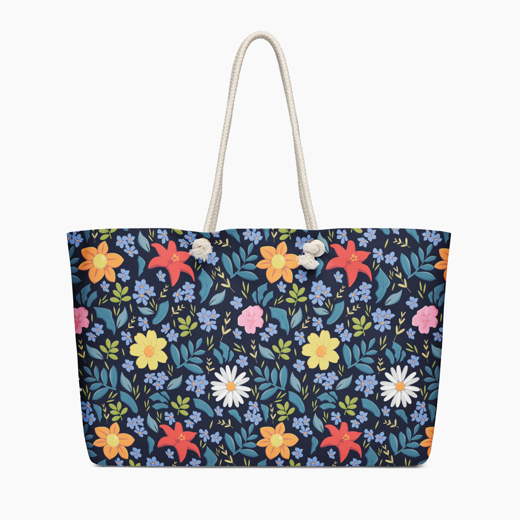 Blue Floral patterned tote bag on a white background