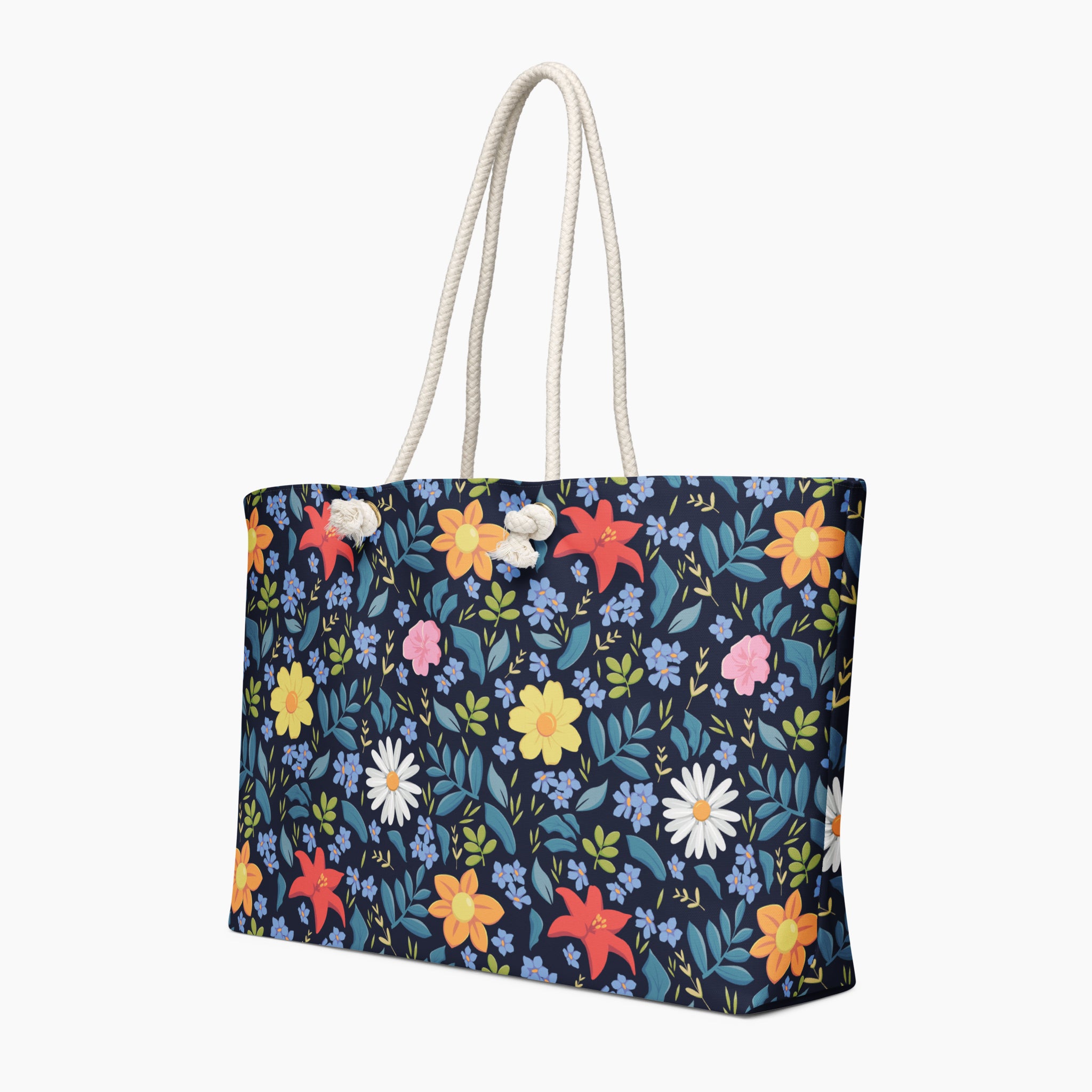 Blue Floral-patterned tote bag with colorful flowers on a white background