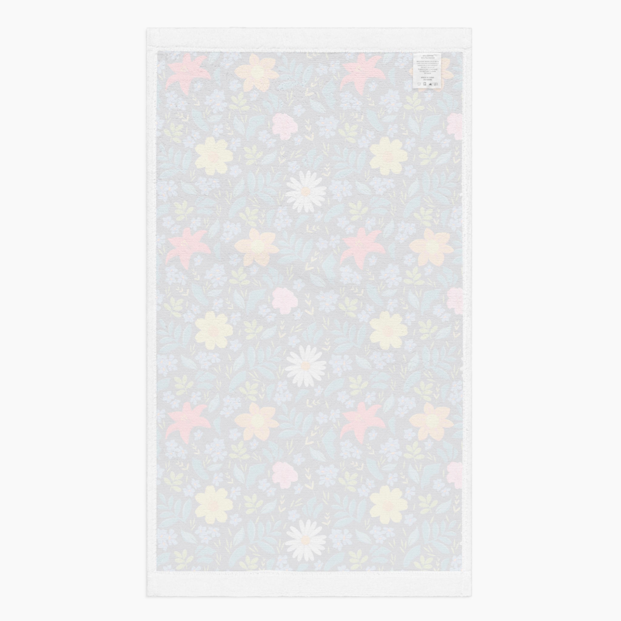 White back of Cloth kitchen hand towel with blue floral pattern on a white background