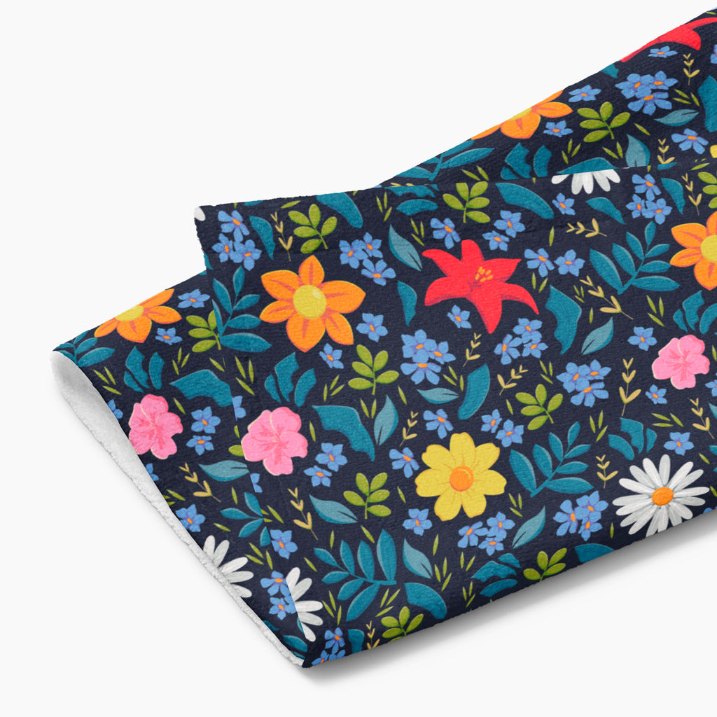Cloth kitchen hand towel with blue floral pattern on a white background