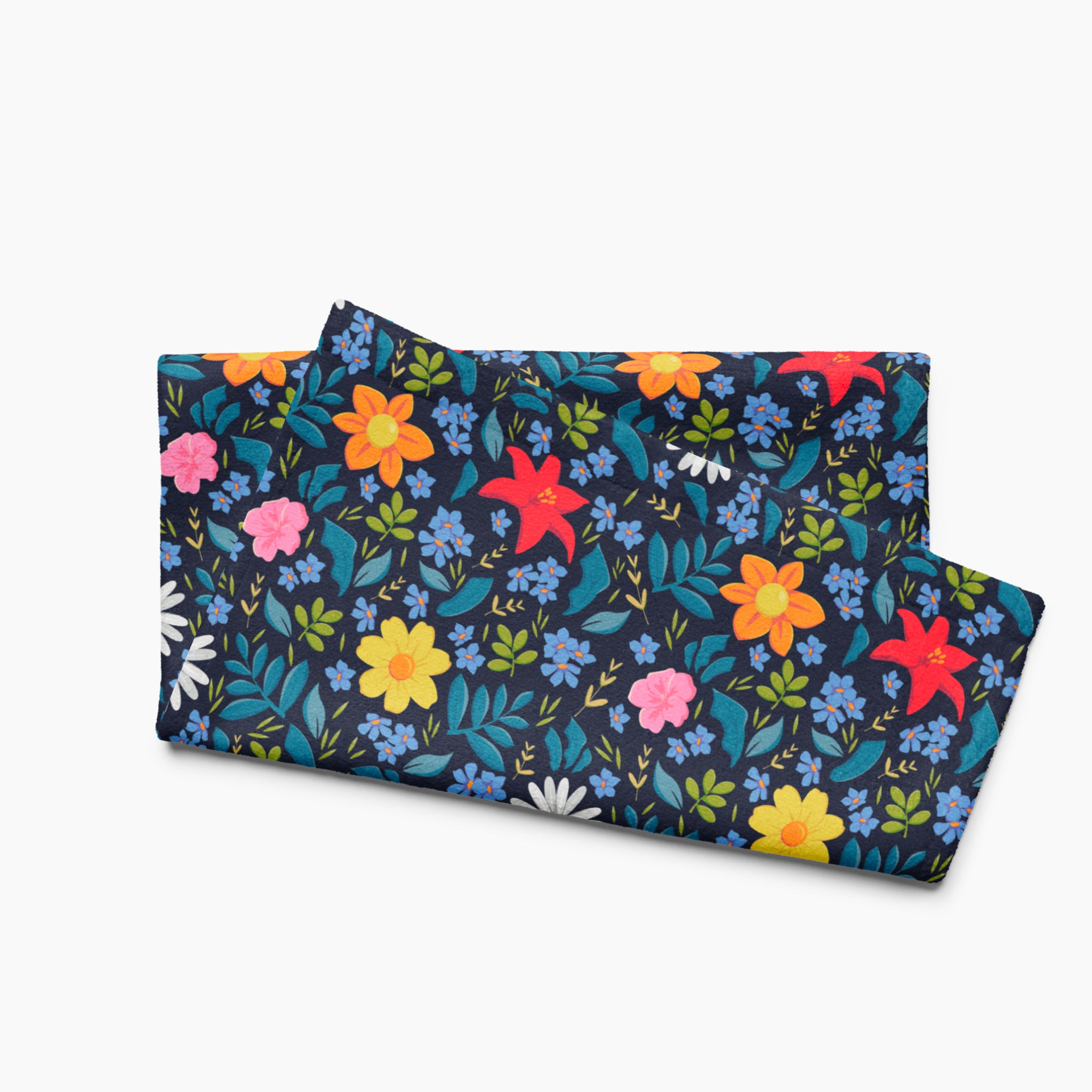 Cloth kitchen hand towel with blue floral pattern on a white background
