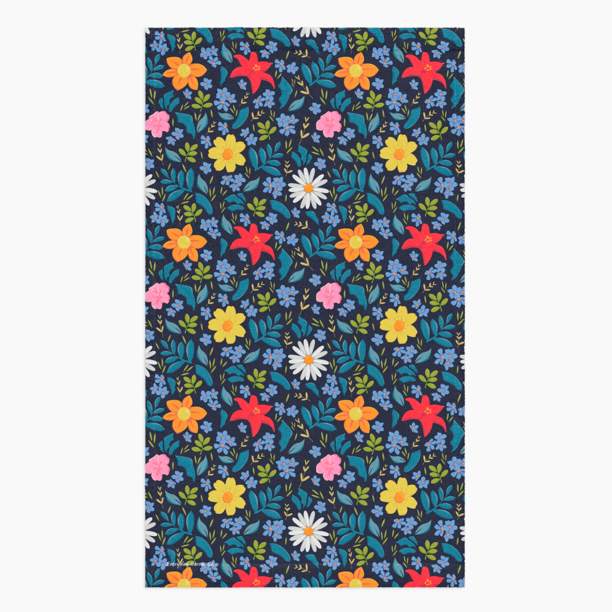 Cloth kitchen hand towel with blue floral pattern on a white background