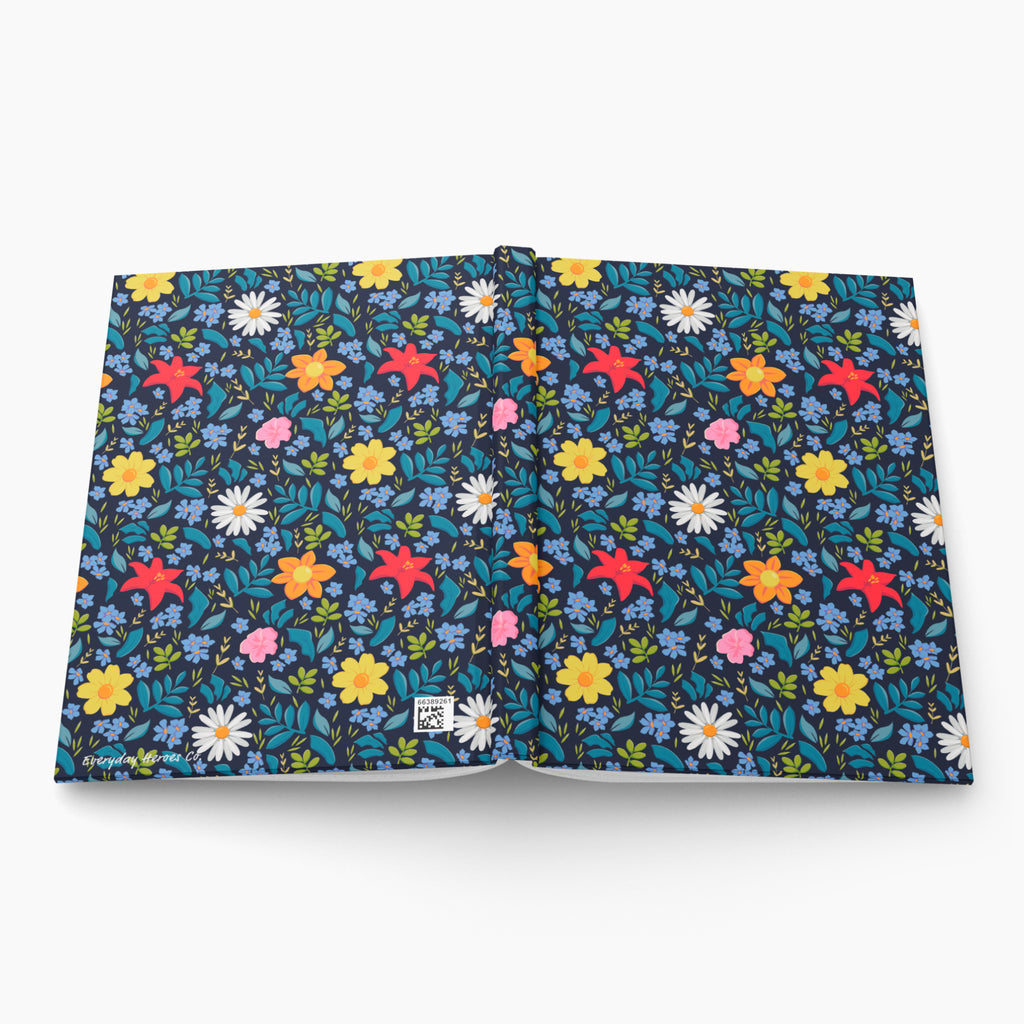 Hardcover journal with blue floral patterned cover design on a white background